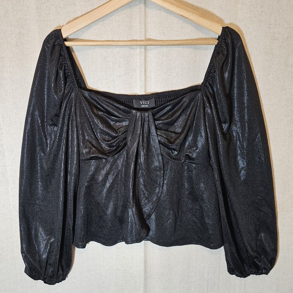 VICI Womens Top Medium Black Slinky Shiny Ballon Sleeve Sweetheart Neckline Club